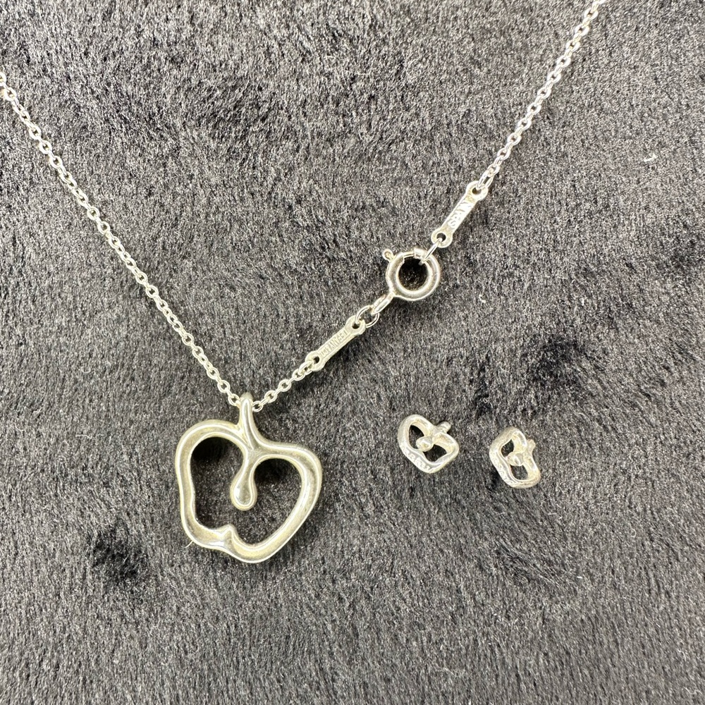 Tiff and Co 925 Silver Apple Necklace and Earrings Set